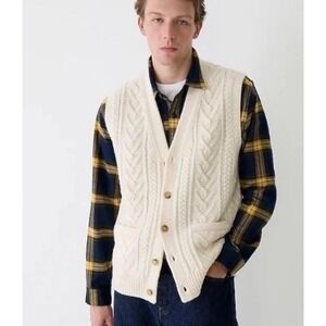 J Crew Men's Rugged Merino Wool Blend Cable-Knit Sweater Vest Ivory Fisherman M